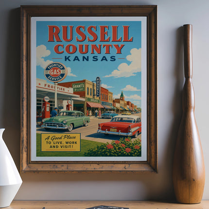 Retro poster of Russell County, Kansas, featuring vintage cars and storefronts.