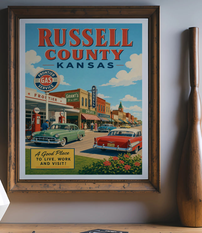 Retro poster of Russell County, Kansas, featuring vintage cars and storefronts.