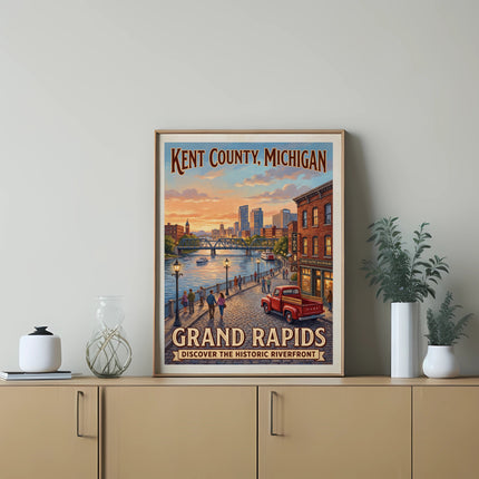 Kent County, Michigan, Grand Rapids vintage travel poster with riverfront scene.