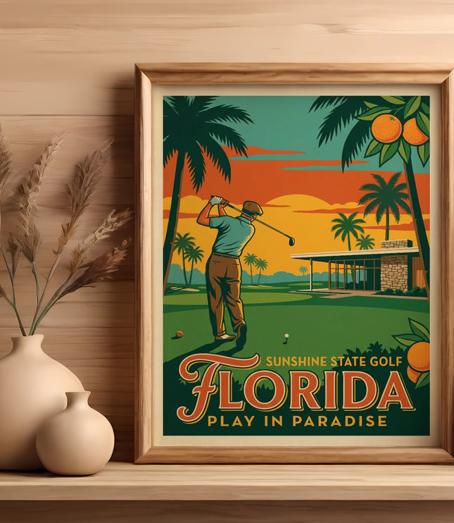 Florida Sunshine State Golf poster with golfer, palm trees, oranges, and text.