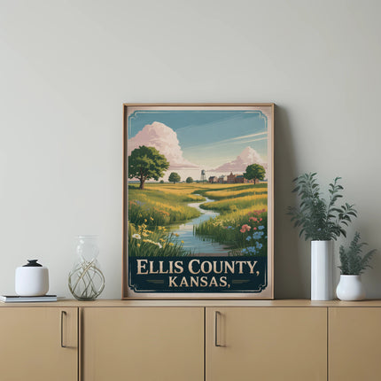 Vintage poster of Ellis County, Kansas landscape with river and farms.