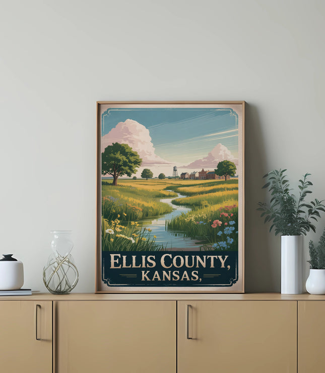 Vintage poster of Ellis County, Kansas landscape with river and farms.