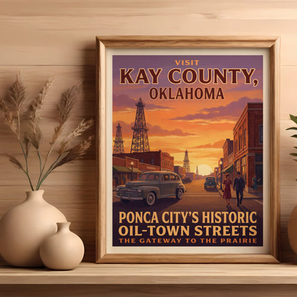 Poster for Kay County, Oklahoma featuring oil derricks and vintage cars.