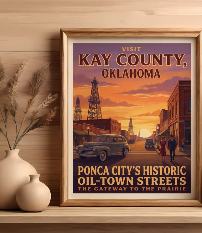 Poster for Kay County, Oklahoma featuring oil derricks and vintage cars.