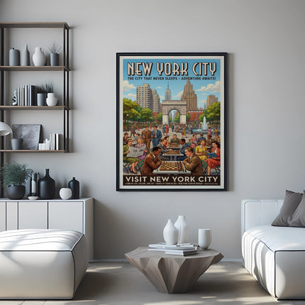 New York City vintage travel poster with iconic landmarks and people.