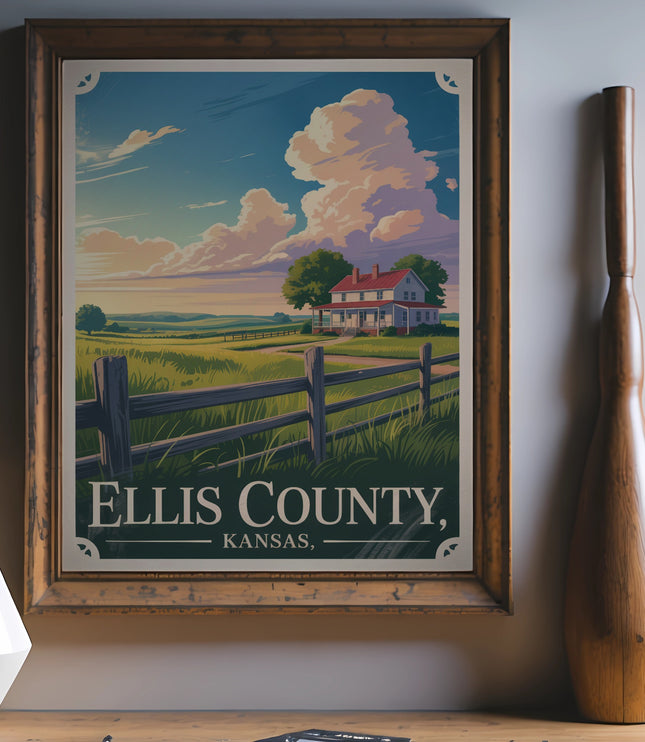 Ellis County, Kansas vintage travel poster with a farmhouse and fence.