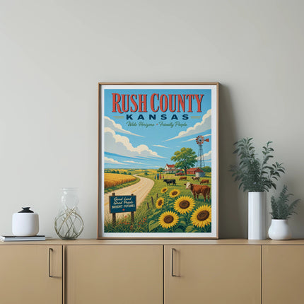 Vintage travel poster of Rush County, Kansas with sunflowers and rolling hills.
