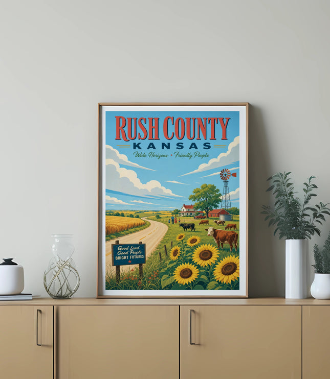 Vintage travel poster of Rush County, Kansas with sunflowers and rolling hills.