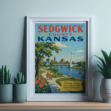 Vintage poster for Sedgwick County, Kansas, featuring a riverfront park scene.