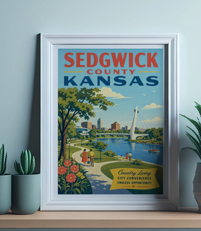 Vintage poster for Sedgwick County, Kansas, featuring a riverfront park scene.