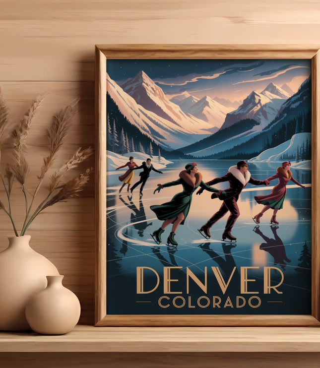 Framed artwork of skaters on an ice rink with mountains and "Denver Colorado" text.