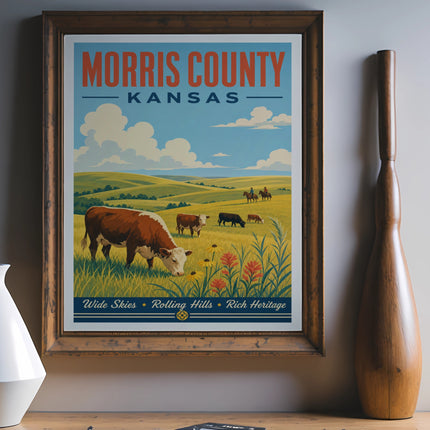 Morris County Kansas vintage travel poster with cows and riders in a field.