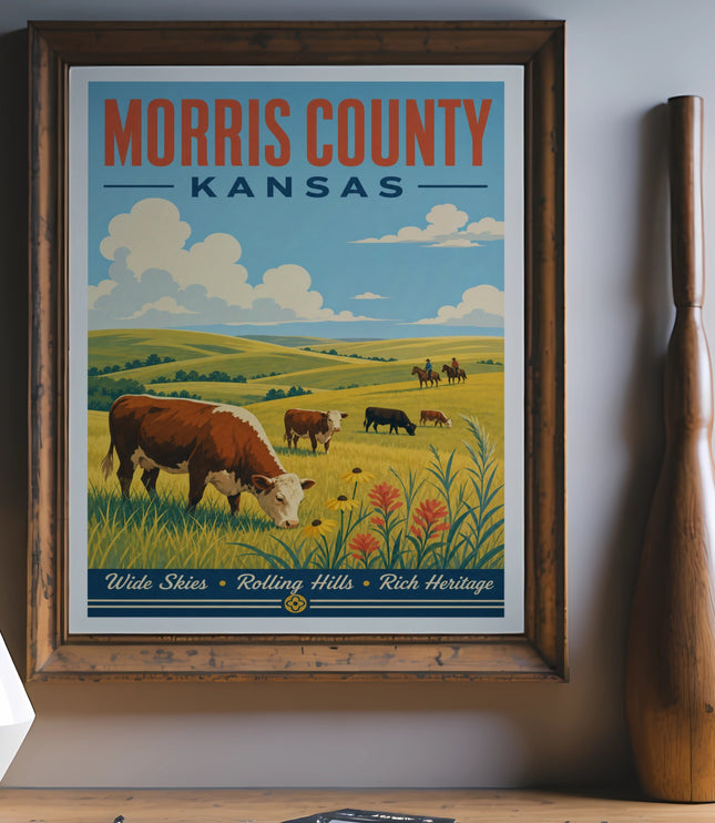 Morris County Kansas vintage travel poster with cows and riders in a field.