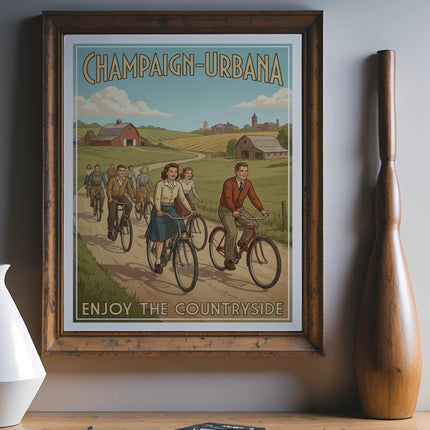 Champaign-Urbana vintage poster showing people cycling through a rural landscape.