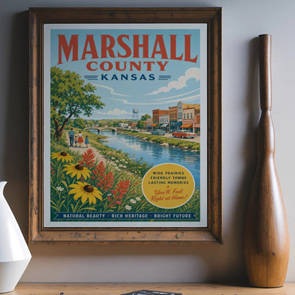 Marshall County, Kansas vintage travel poster with text.