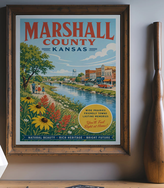Marshall County, Kansas vintage travel poster with text.
