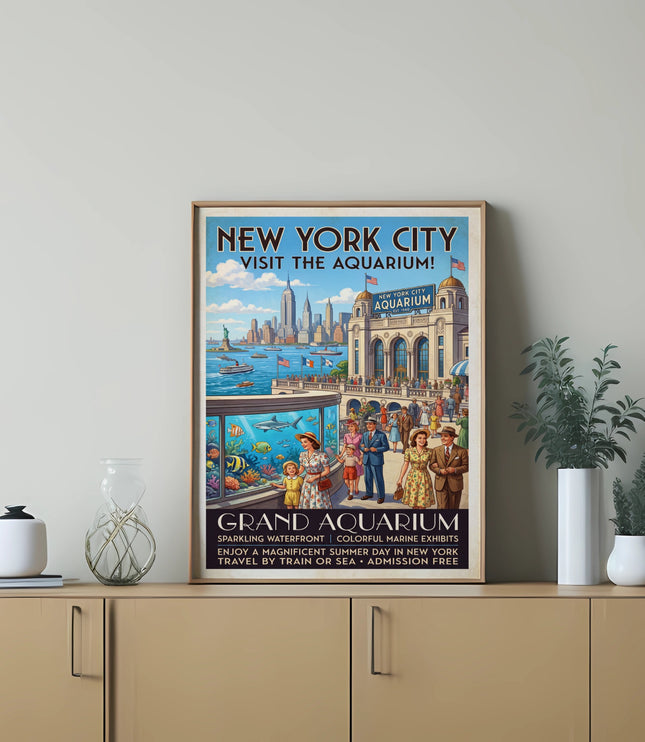 New York City Grand Aquarium vintage advertisement with skyline and people.