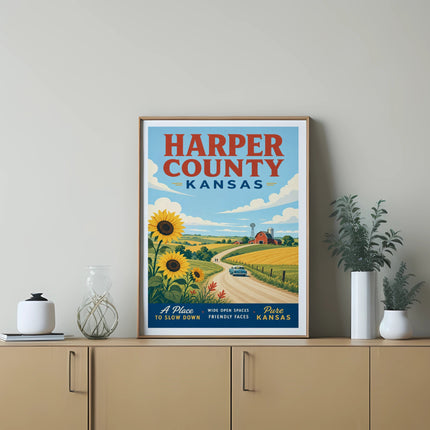 Harper County Kansas travel poster with sunflowers and farm scene.