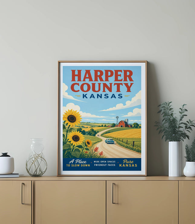 Harper County Kansas travel poster with sunflowers and farm scene.