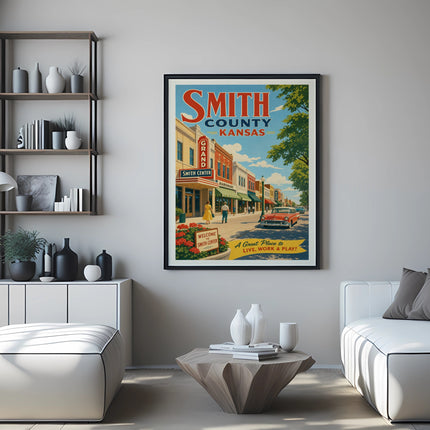 Vintage Smith County, Kansas travel poster featuring a street scene.