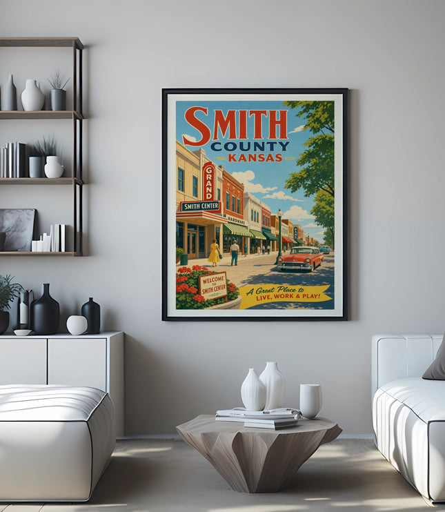 Vintage Smith County, Kansas travel poster featuring a street scene.