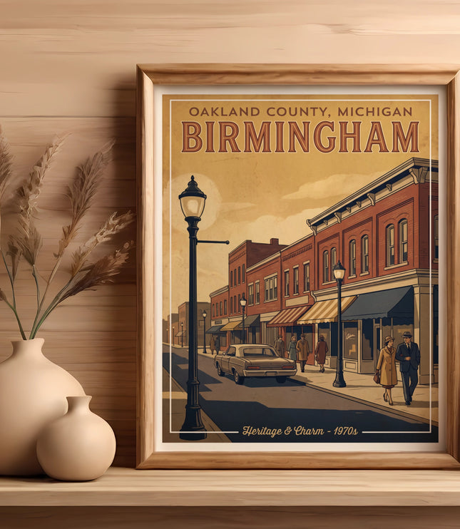 Oakland County Michigan Birmingham Heritage & Charm 1970's vintage art print.