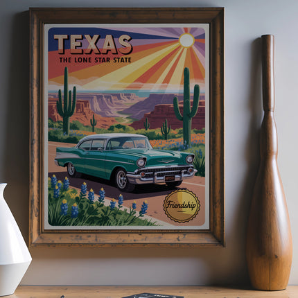 Teal classic car drives through a Texas desert landscape under a sunburst.