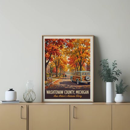 Poster of Washtenaw County, Michigan, with colorful autumn trees, a vintage car, and people.