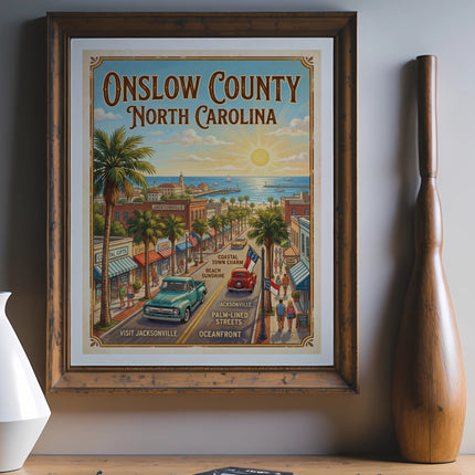 Onslow County North Carolina vintage travel poster featuring Jacksonville beach town.
