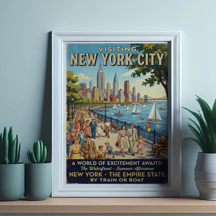 Vintage "Visiting New York City" poster of a bustling waterfront scene.