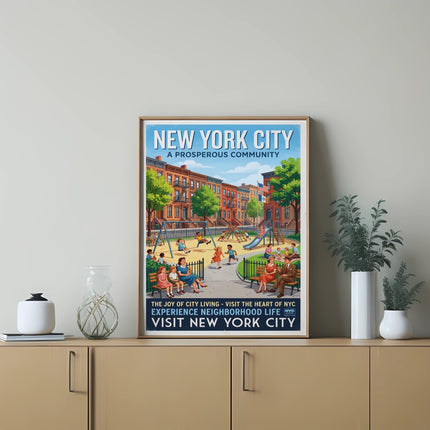 New York City "A Prosperous Community" poster with park and city life scene.