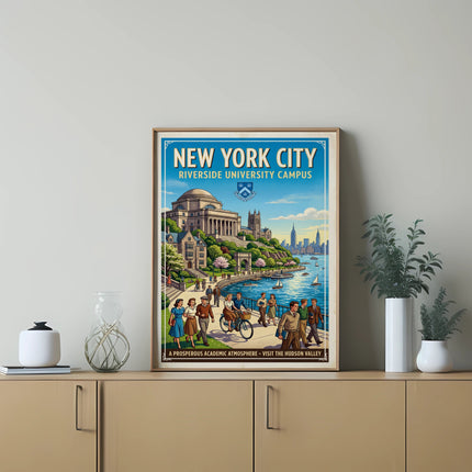 New York City Riverside University Campus poster depicting Hudson Valley with people.