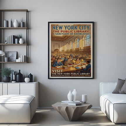 New York City Public Library poster showing interior hall with patrons reading.