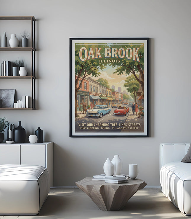 Vintage Oak Brook Illinois travel poster depicting a tree-lined street scene.