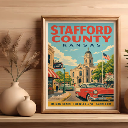 Stafford County Kansas vintage travel poster with courthouse and classic car.