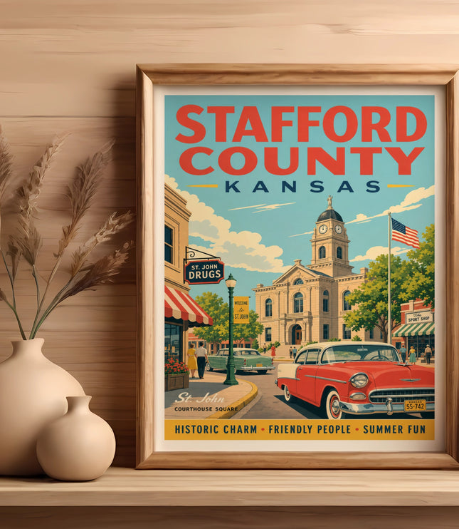Stafford County Kansas vintage travel poster with courthouse and classic car.