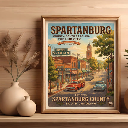 Framed print of Spartanburg, South Carolina showing Hotel Spartan and vintage trucks.