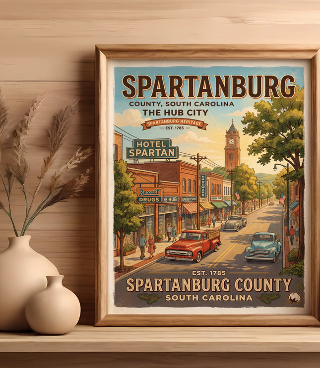 Framed print of Spartanburg, South Carolina showing Hotel Spartan and vintage trucks.