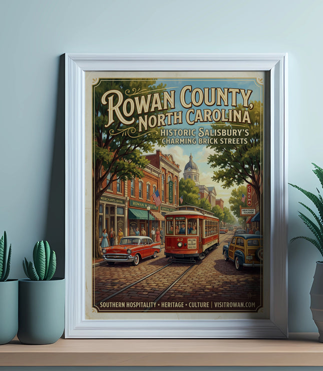 Rowan County, North Carolina vintage poster depicting Salisbury's charming brick streets.