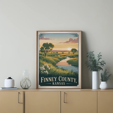 Framed landscape art of Finney County, Kansas with rolling hills and a river.