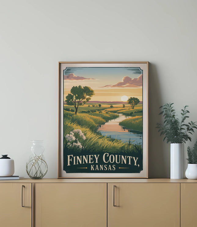 Framed landscape art of Finney County, Kansas with rolling hills and a river.
