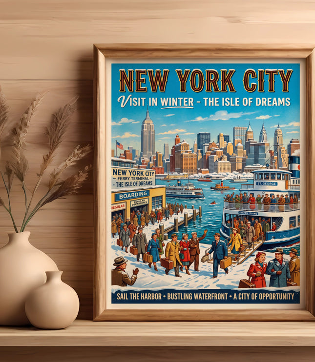 New York City vintage travel poster of the skyline, ferry terminal, and people boarding a Staten Island ferry.