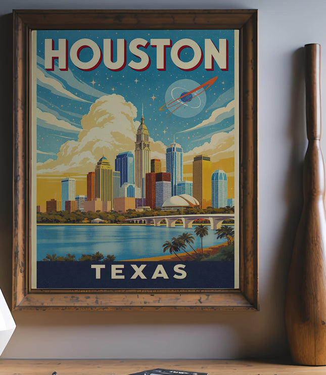 Framed vintage-style poster of Houston, Texas skyline with text.