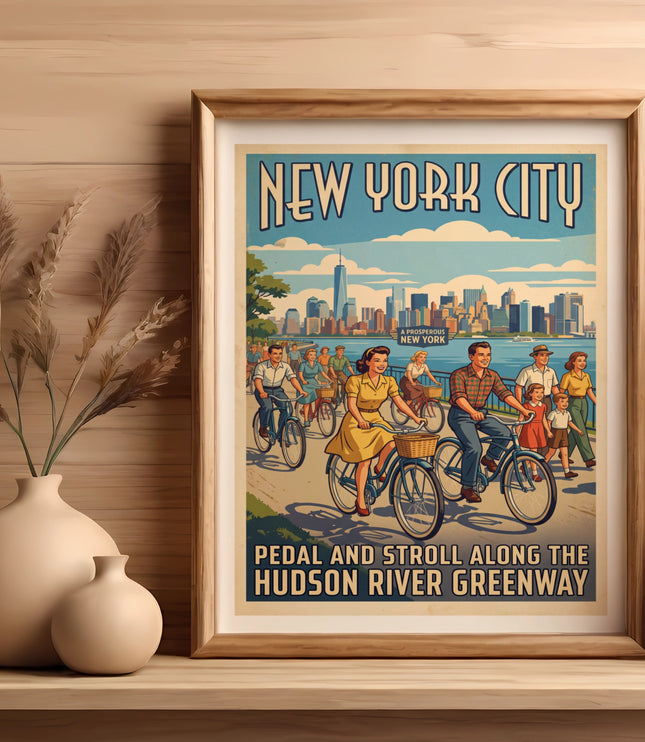 New York City "Pedal and Stroll Along the Hudson River Greenway" poster.