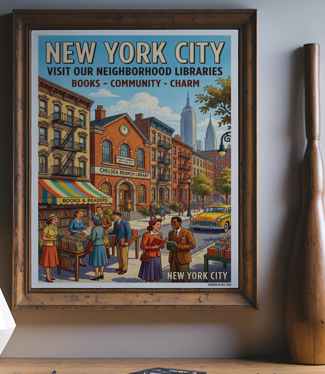 New York City poster with vintage illustration of Chelsea Branch Library and people.