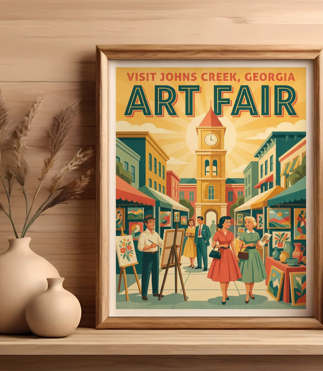 Visit Johns Creek, Georgia Art Fair poster showing a street scene with a clock tower and people.