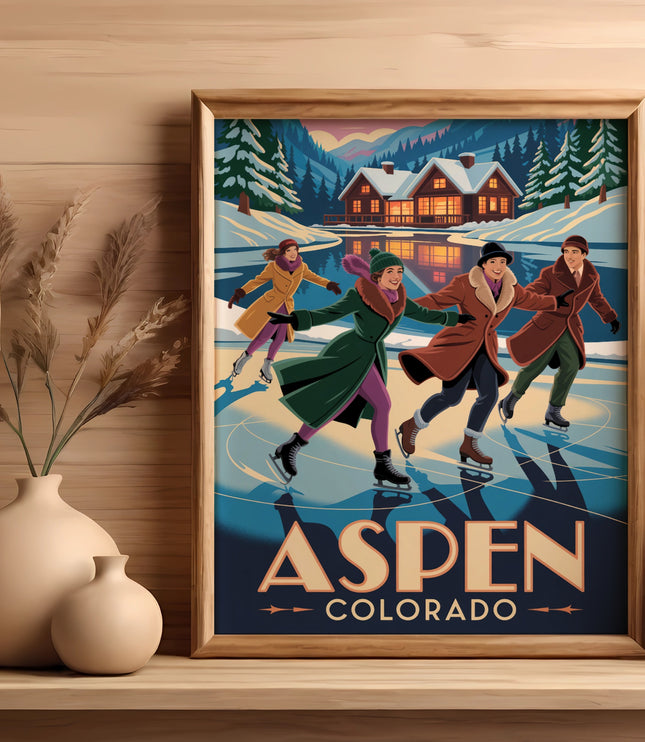 Framed artwork of people ice skating in Aspen, Colorado.
