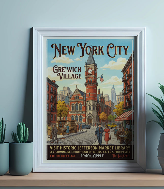 New York City Greenwich Village vintage travel poster showcasing Jefferson Market Library.