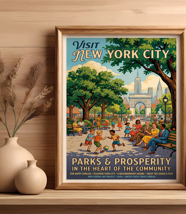 Vintage "Visit New York City" poster showing a park scene with Arch and skyscrapers.