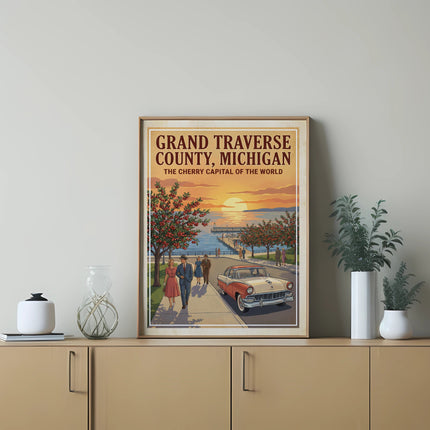 Vintage travel poster of Grand Traverse County, Michigan, "The Cherry Capital of the World."